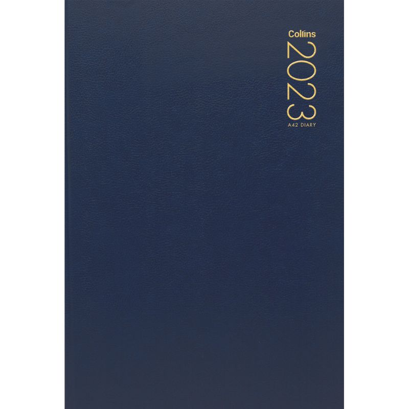 Collins Diary A42 Navy planner with 2 days to view, ribbon marker, durable sewn cover, and FSC certified materials.