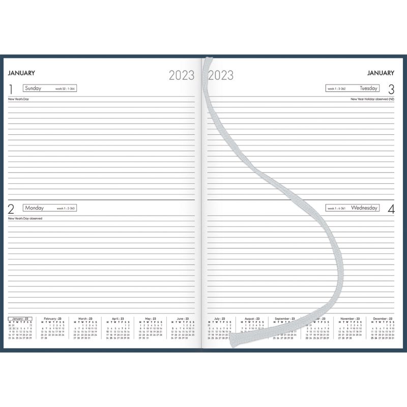 Collins Diary A42 in navy, featuring a durable hardcover, 2 days to view layout, and ribbon marker for easy access.