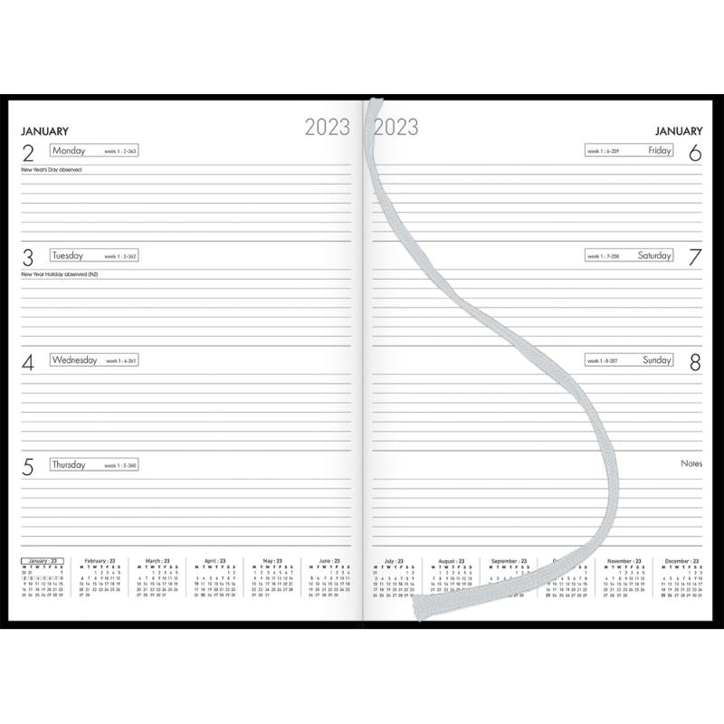 Collins Diary A43 Black Odd Year with hard cover, ribbon marker, and week-to-view layout for effective planning.