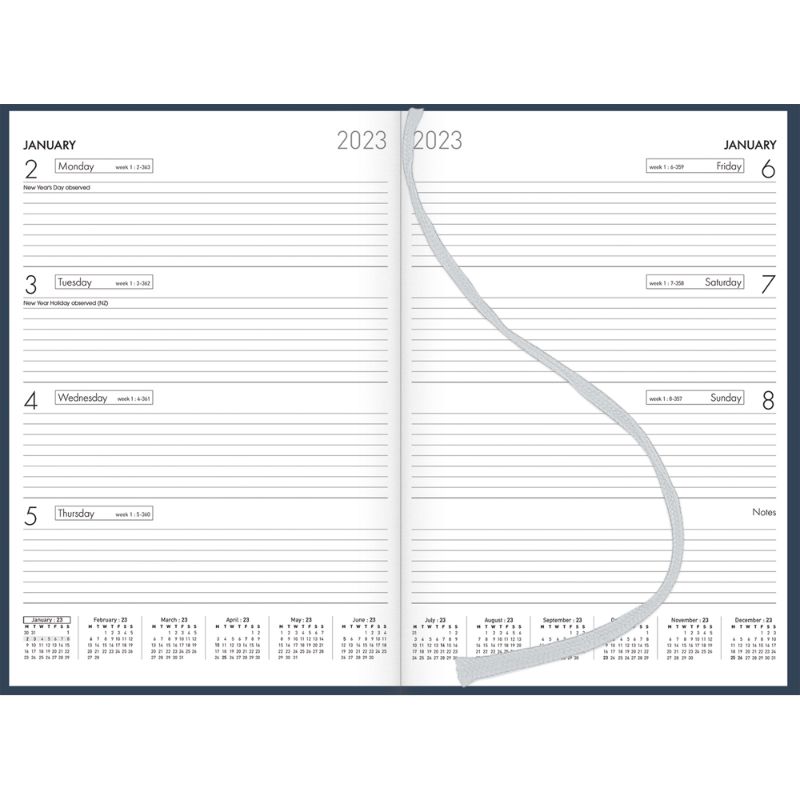 Elegant navy planner with sewn hardcover, ribbon marker, and week-to-view layout, perfect for organization and stylish planning.