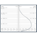 Elegant navy planner with sewn hardcover, ribbon marker, and week-to-view layout, perfect for organization and stylish planning.