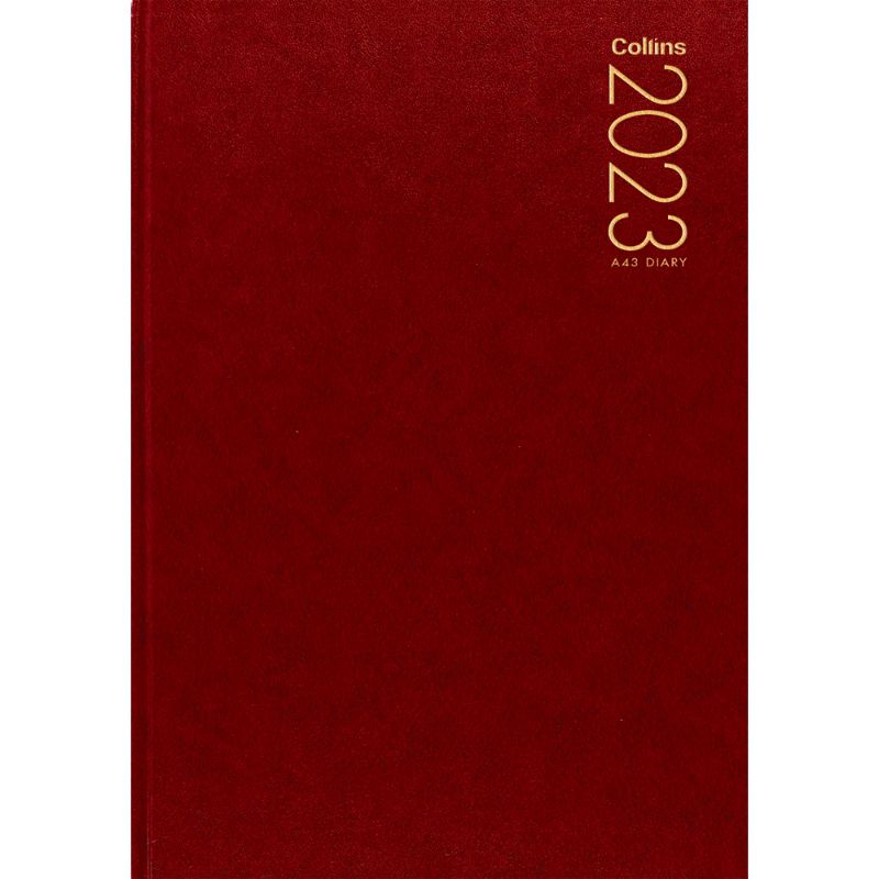 Vibrant red hard cover Collins Diary A43, featuring week-to-view layout and sewn pages for durable organization.