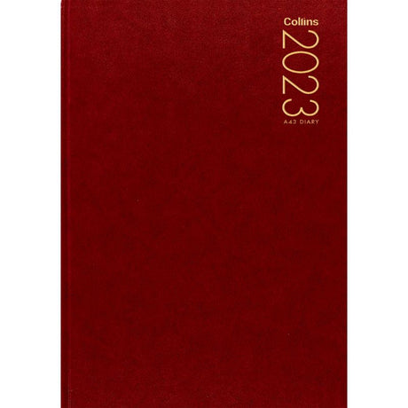 Vibrant red hard cover Collins Diary A43, featuring week-to-view layout and sewn pages for durable organization.