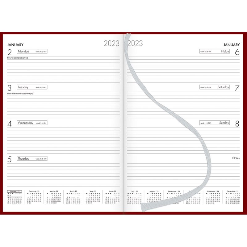 Stylish red Collins Diary A43 features a durable hard cover, week-to-view layout, and convenient ribbon marker for easy organization.