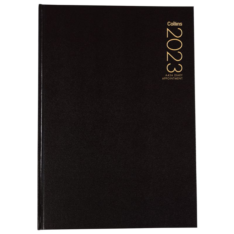 Collins Diary A43A Black, a week-to-view planner with 1-hour slots, ribbon marker, sewn cover, and FSC certified materials.