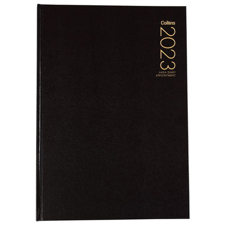 Collins Diary A43A Black, a week-to-view planner with 1-hour slots, ribbon marker, sewn cover, and FSC certified materials.