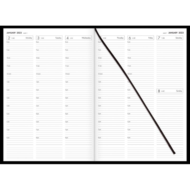 Collins Diary A43A Black with structured week-to-view layout, 1-hour slots, ribbon marker, and durable sewn cover.