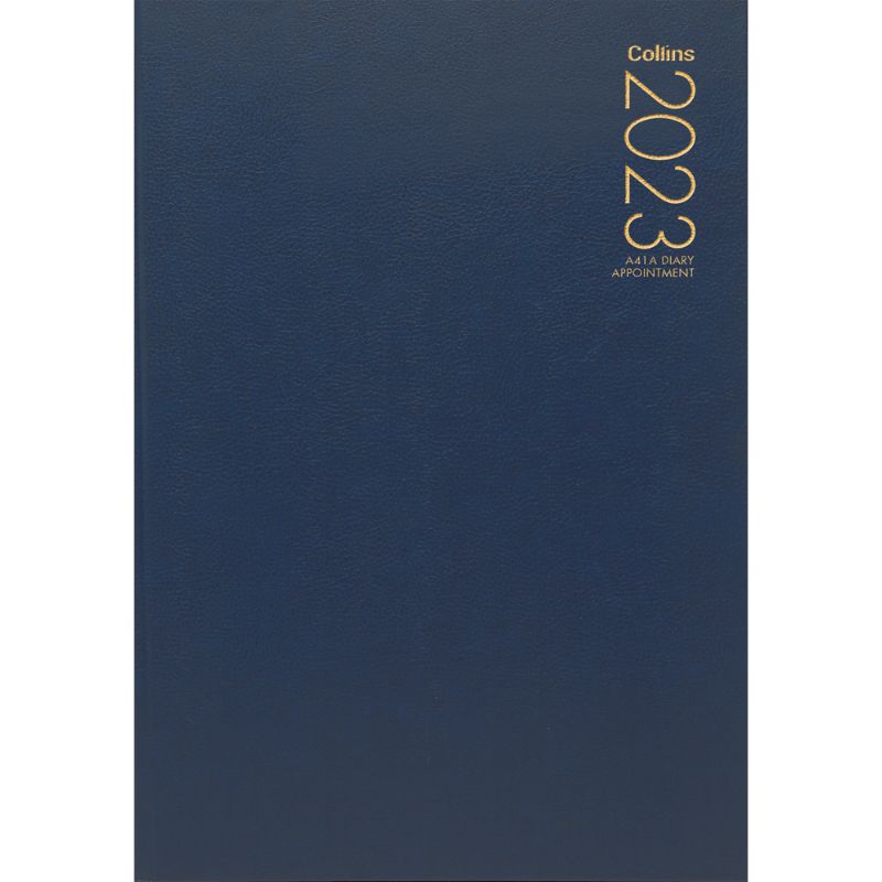 Collins Diary A41A in navy, featuring day-to-view layout, 1/4 hour appointments, cash summary, and durable FSC-certified cover.