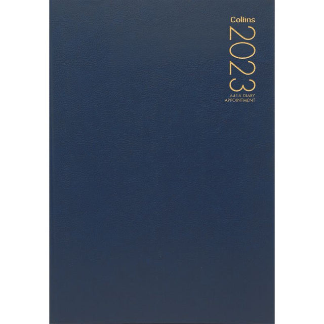 Collins Diary A41A in navy, featuring day-to-view layout, 1/4 hour appointments, cash summary, and durable FSC-certified cover.