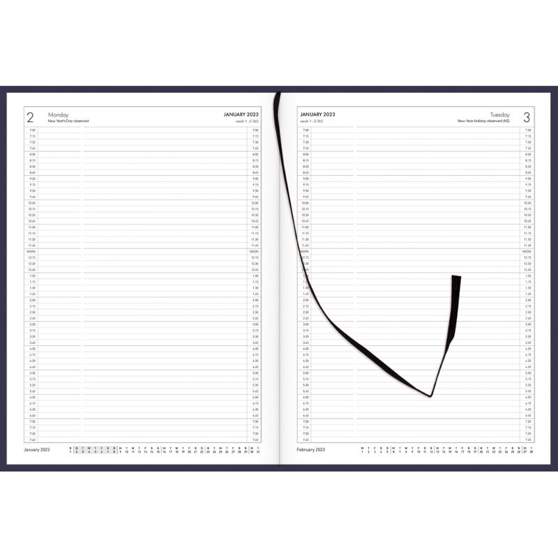 Collins Diary A41A in navy, features day-to-view layout, 1/4 hour appointments, ribbon marker, and durable FSC certified cover.