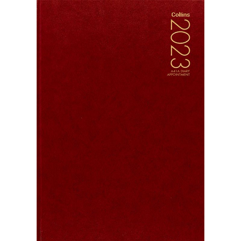 Red Collins Diary A41A with day-to-view layout, sewn binding, ribbon marker, and cash summary for efficient scheduling.