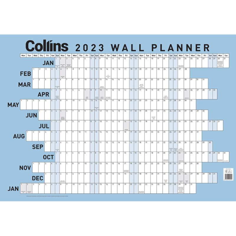 Collins Wallplanner Large 700 X 990mm, unlaminated, double-sided, 13-month planner for effective organization in home or office.