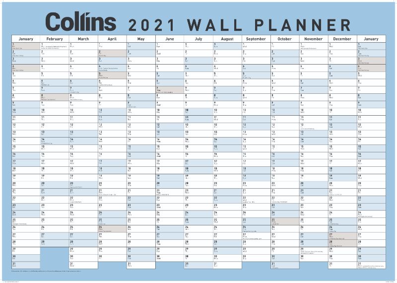 Large Collins Wallplanner unlaminated 700x990mm for odd years, featuring double-sided layout for efficient year-round planning.