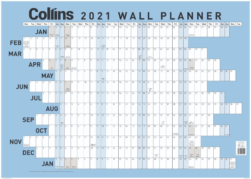 Collins Wallplanner Large, 700x990mm, unlaminated, double-sided, 13-month view, durable 250gsm board, FSC certified.