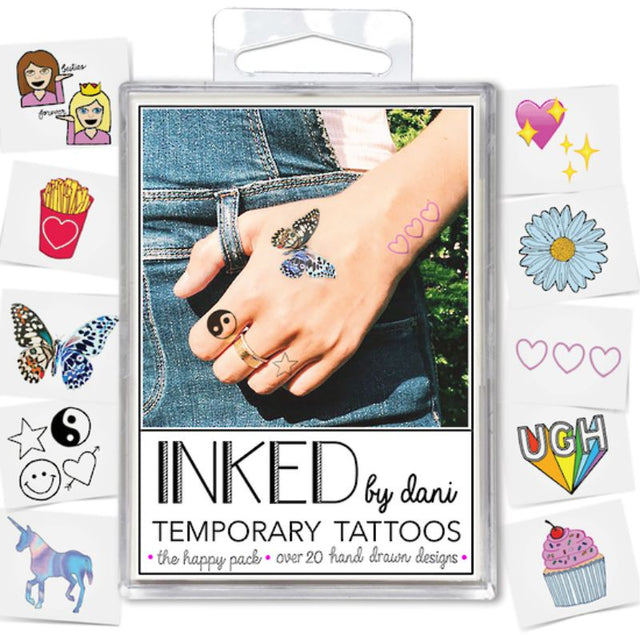 Colorful temporary tattoos from the Happy Pack, featuring creative designs for fun and safe self-expression.