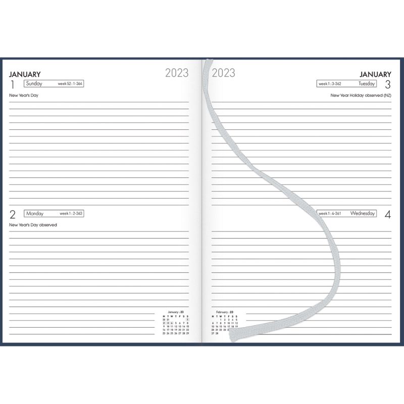 Collins Diary A52 Navy, a stylish planner with a hard cover, two days to view layout, and a ribbon marker for easy organization.