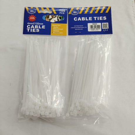 White cable ties, 4 x 150mm, pack of 600, ideal for organizing wires and cables, durable nylon for indoor and outdoor use.