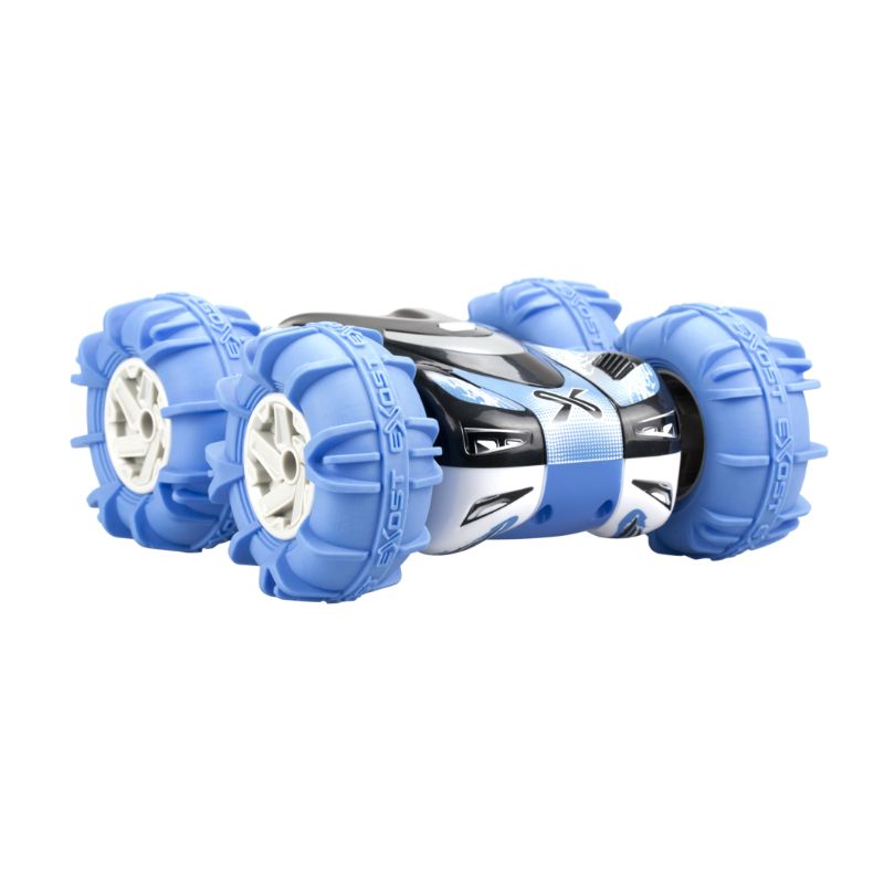 Alt text: "Silverlit Exost - 360 Aquacross RC car, designed for land and water, features durable tires and dual-side driving."