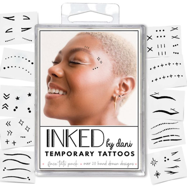 Inked Temporary Tattoos pack featuring unique, safe, non-toxic face designs for creative expression and effortless style changes.