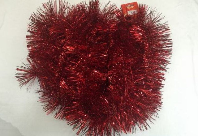 Bright red Christmas tinsel set of 10, each 2m long, perfect for festive decorating and creating a joyful atmosphere.