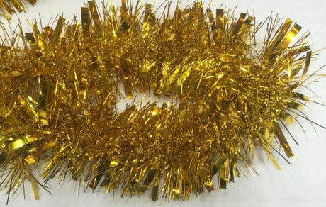 Set of 10 gold Christmas tinsel, each 2m long, ideal for decorating trees and wreaths with elegance and sparkle.