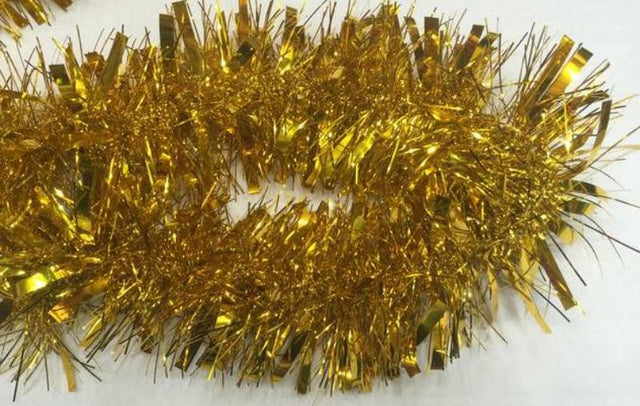 Set of 10 gold Christmas tinsel, each 2m long, ideal for decorating trees and wreaths with elegance and sparkle.