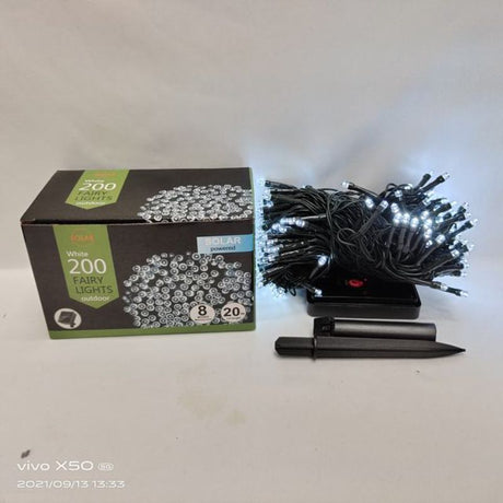 Solar-powered Christmas lights with 200 white heads over 20m, ideal for festive decorations (set of 6).