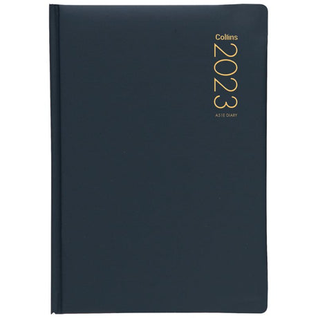 Collins Diary A51E in navy, featuring a durable padded cover, day-to-view layout, ribbon marker, and FSC certification.