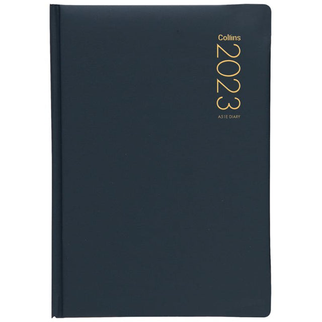 Collins Diary A51E in navy, featuring a durable padded cover, day-to-view layout, ribbon marker, and FSC certification.