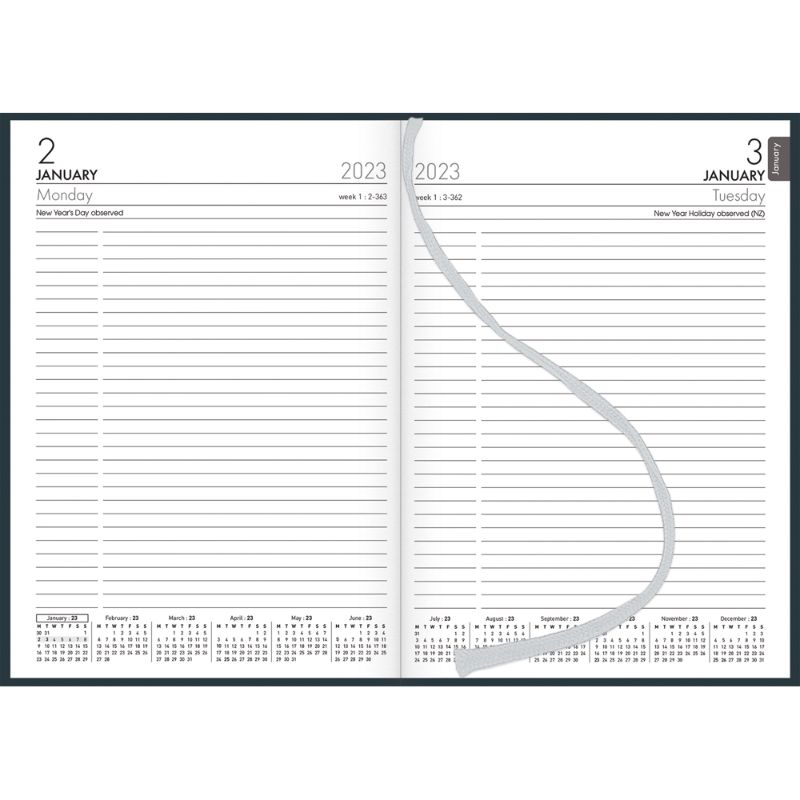 Collins Diary A51E in navy with padded cover, day-to-view layout, ribbon marker, and FSC certification for sustainable planning.