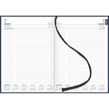 Collins Diary A41 in navy with a hard cover, featuring day-to-view pages, ribbon marker, and Jan-Dec tabs for easy organization.