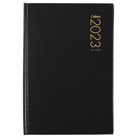 Collins Diary A51 Black Odd Year with hard cover, day-to-view layout, ribbon marker, and FSC certified for sustainable organization.