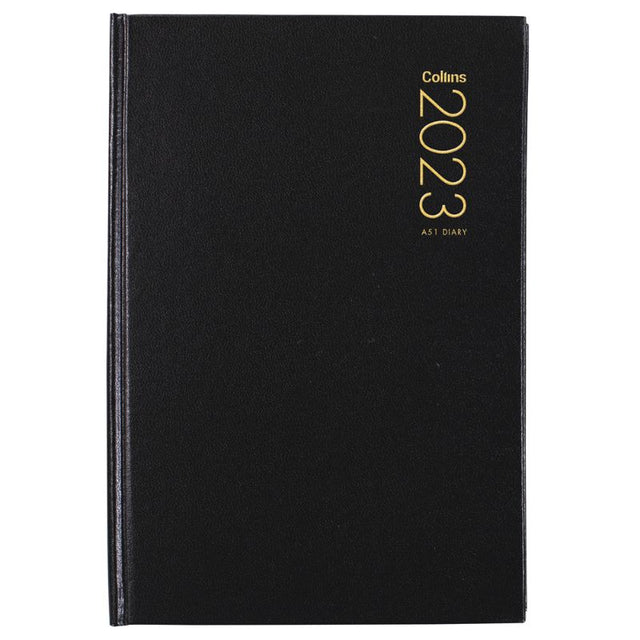 Collins Diary A51 Black Odd Year with hard cover, day-to-view layout, ribbon marker, and FSC certified for sustainable organization.