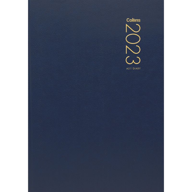 Elegant navy blue Collins Diary A51 features a full-page layout for weekends, ribbon marker, and durable sewn binding.