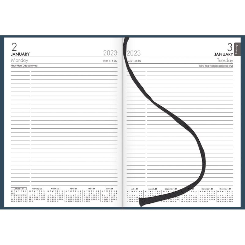 Navy hardcover Collins Diary A51 with ribbon marker, offering spacious day-to-view layout and eco-friendly design.