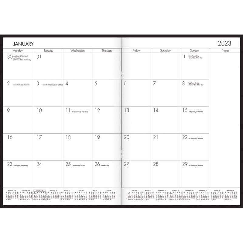 Collins Diary Planner Monthly A4 with a black PVC cover, ideal for odd years, featuring month-to-view layout for organization.