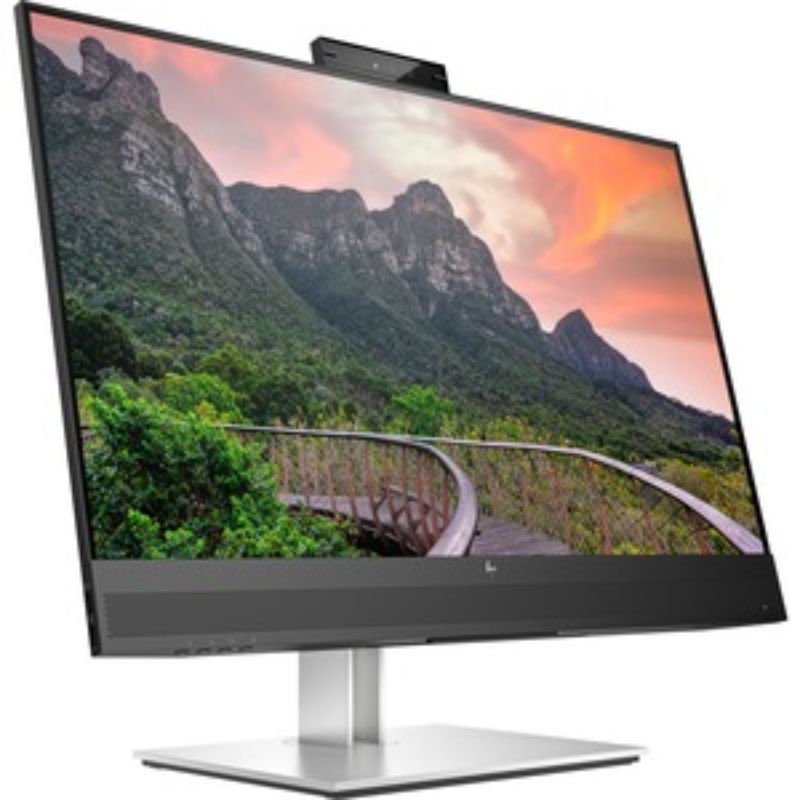 HP E27m G4 27" WQHD monitor with adjustable webcam, front speakers, USB-C connectivity, and ergonomic design for enhanced productivity.