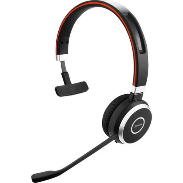 Wireless Jabra Evolve 65 Mono Headset with Bluetooth, noise cancellation, 12-hour battery, and dual connectivity options.