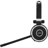 Jabra Evolve 65 Mono Headset, wireless Bluetooth, noise cancellation, 12-hour battery, dual connectivity, and busy light indicator.