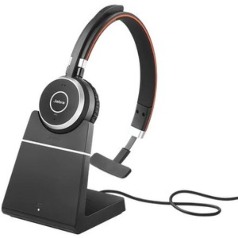 Jabra Evolve 65 Mono Headset, wireless Bluetooth with noise cancellation, 30m range, 12-hour battery life, and busy light.