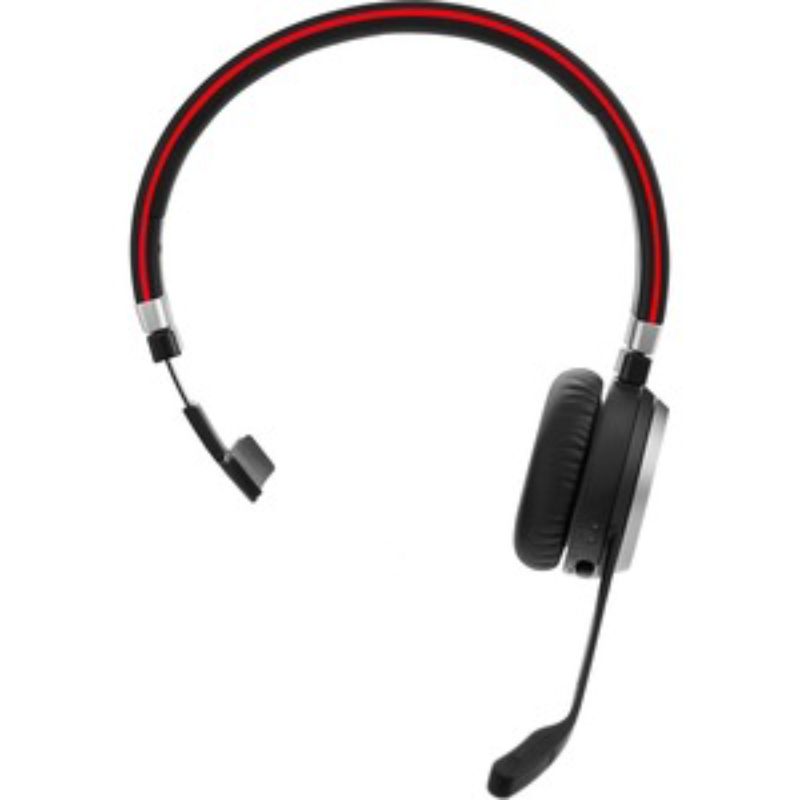 Jabra Evolve 65 Mono headset with Bluetooth, 30m range, 12-hour battery, noise cancellation, and busy light for calls.