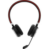 Jabra Evolve 65 wireless headset with stereo sound, 30m range, 12-hour battery, and noise-canceling ear cushions.