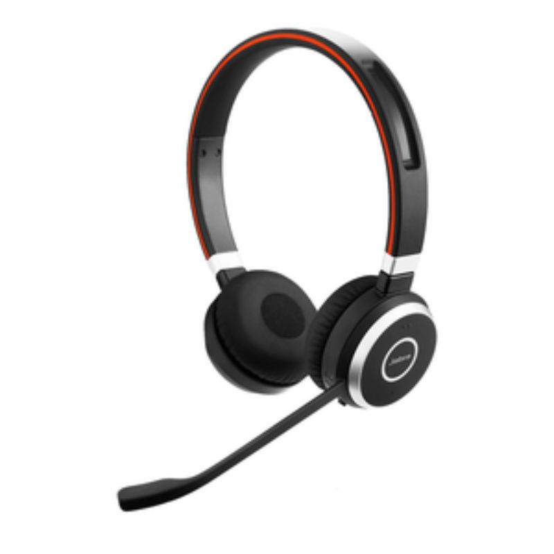 Jabra Evolve 65 Headset: Wireless, stereo sound, 30m range, 12-hour battery, noise cancellation, busy light, dual connectivity.