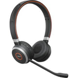 Jabra Evolve 65 wireless headset with stereo sound, 30m range, noise cancellation, and dual Bluetooth connectivity.