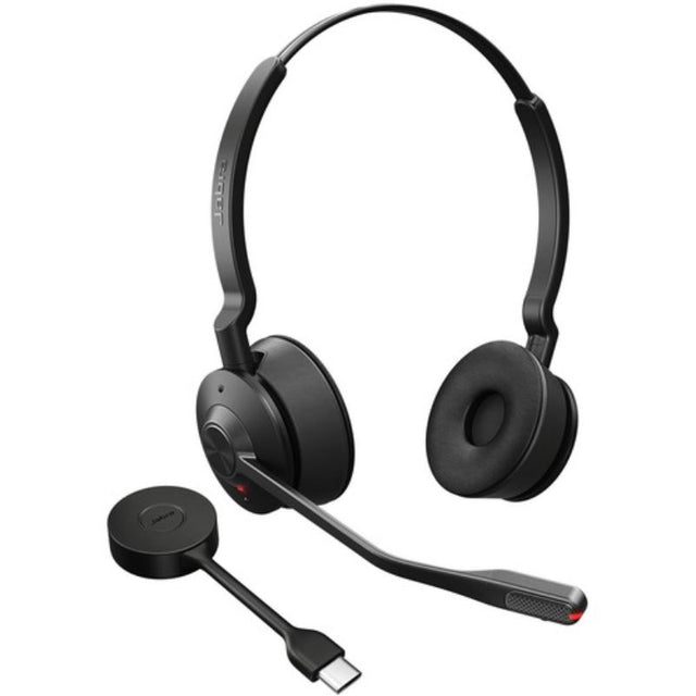 Wireless Jabra Engage 55 Headset with stereo sound, noise-cancelling mic, 150m range, and USB Type-C compatibility.