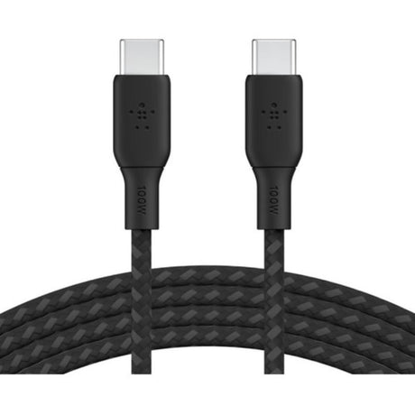 Belkin BOOST CHARGE 2m USB-C to USB-C cable for 100W charging, featuring durable double-braided design and fast data transfer.