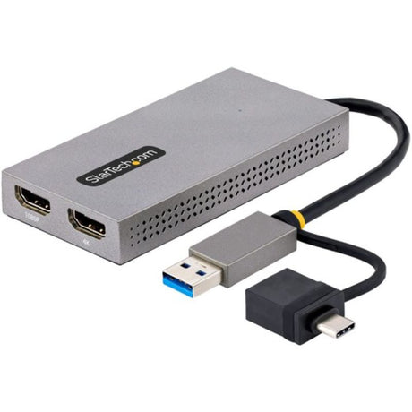 StarTech.com USB-A/USB-C Dual HDMI Adapter connects two displays, supporting 4K@30Hz and 1080p for enhanced productivity.