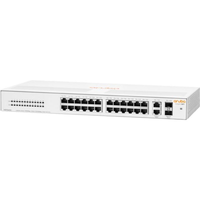 Aruba Instant On 1430 switch with 26 Gigabit Ethernet ports and dual SFP uplinks for seamless network connectivity.