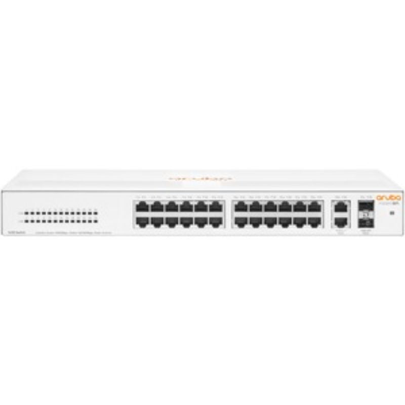 Aruba Instant On 1430 Switch showcasing 26 Gigabit Ethernet ports and dual SFP uplinks for seamless network connectivity.