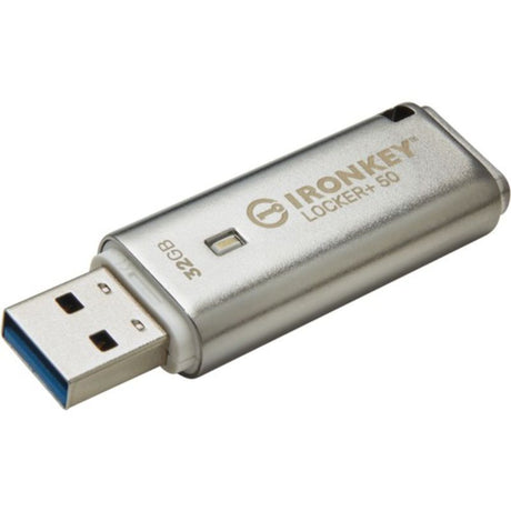 Secure Kingston IronKey Locker+ 50 USB flash drive with 32 GB storage, AES encryption, multi-password access, and compact design.